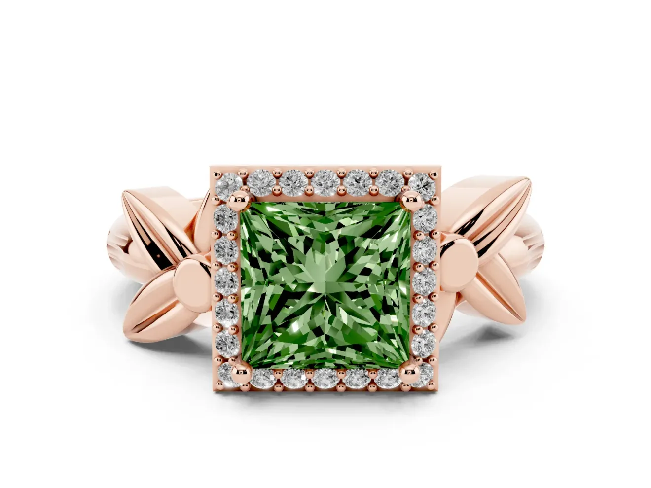 Princess Cut Floral Halo Engagement Ring Setting for a Fancy Green Lab-Grown Diamond | Rose Gold