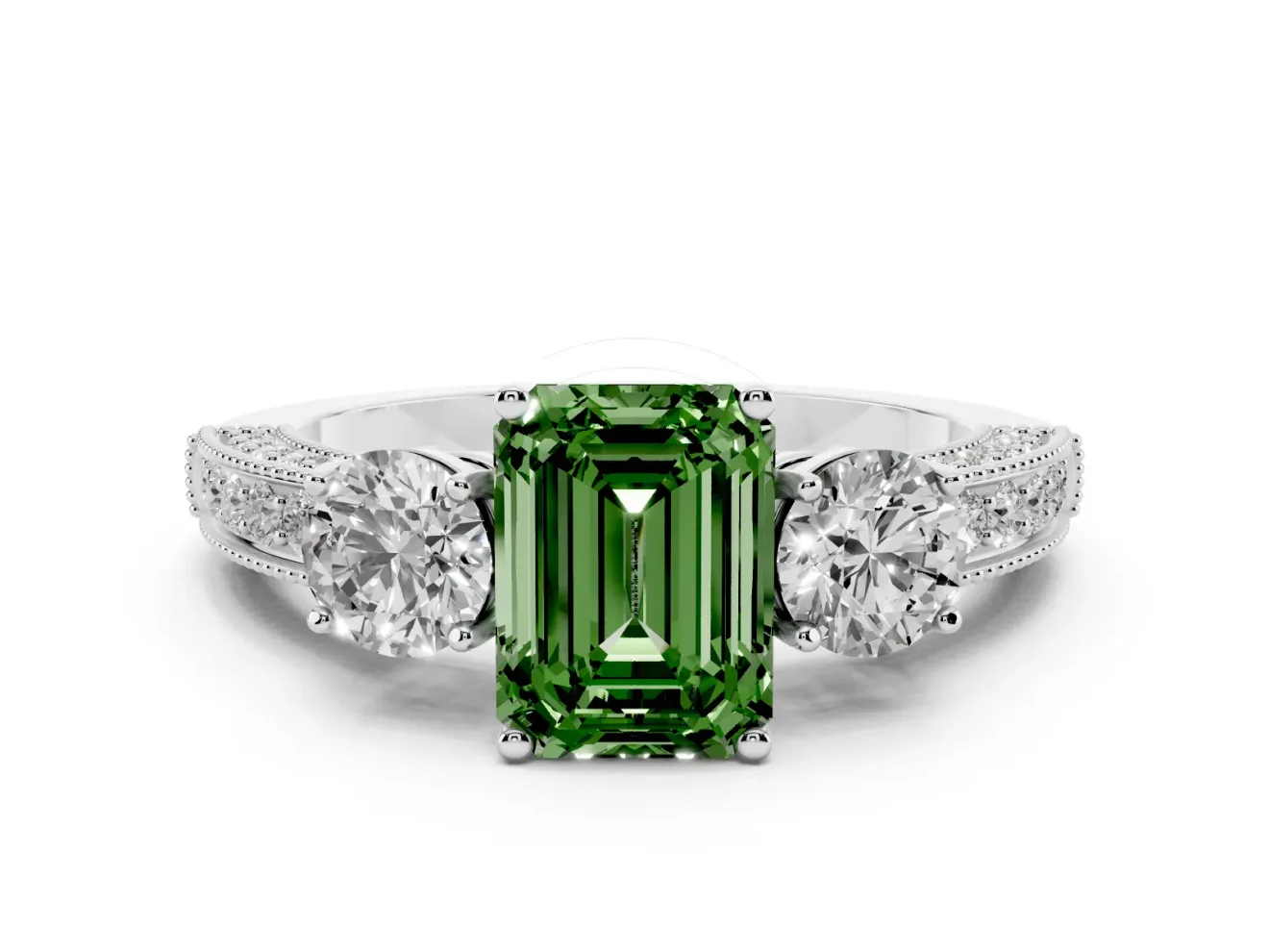 Fancy Green Emerald Cut Diamond Three-Stone Ring Set in White gold with Round Side Stones and Pavé Band