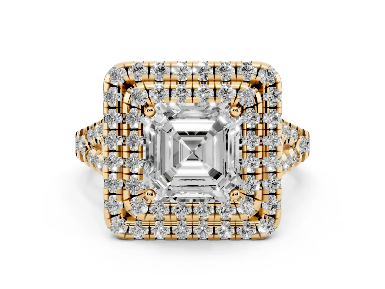Asscher Cut Halo Split Shank Engagement Ring Setting | Yellow Gold