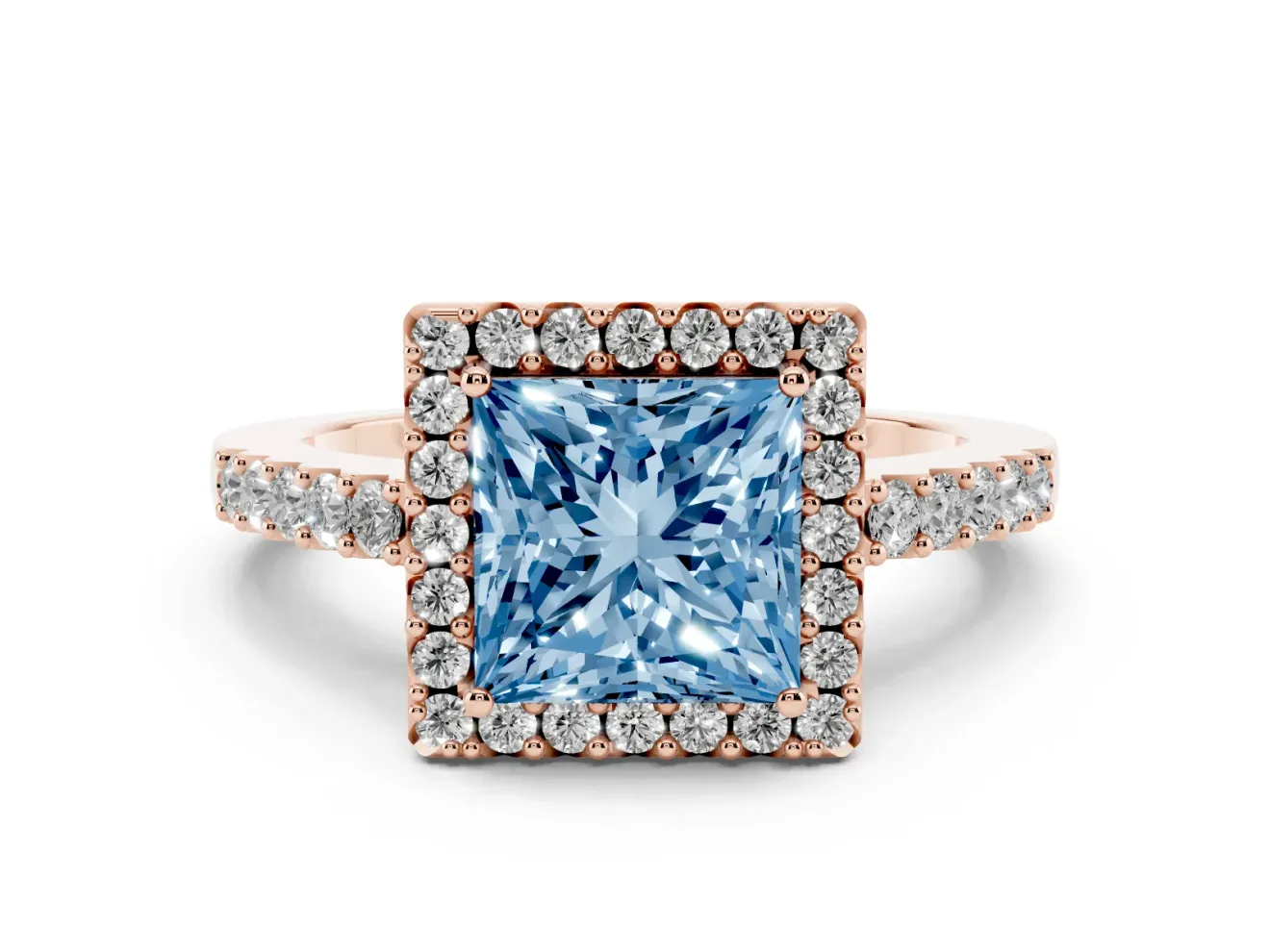 Princess Cut Halo Engagement Ring Setting for a Fancy Blue Lab-Grown Diamond | Single Row Pavé Band | Rose Gold