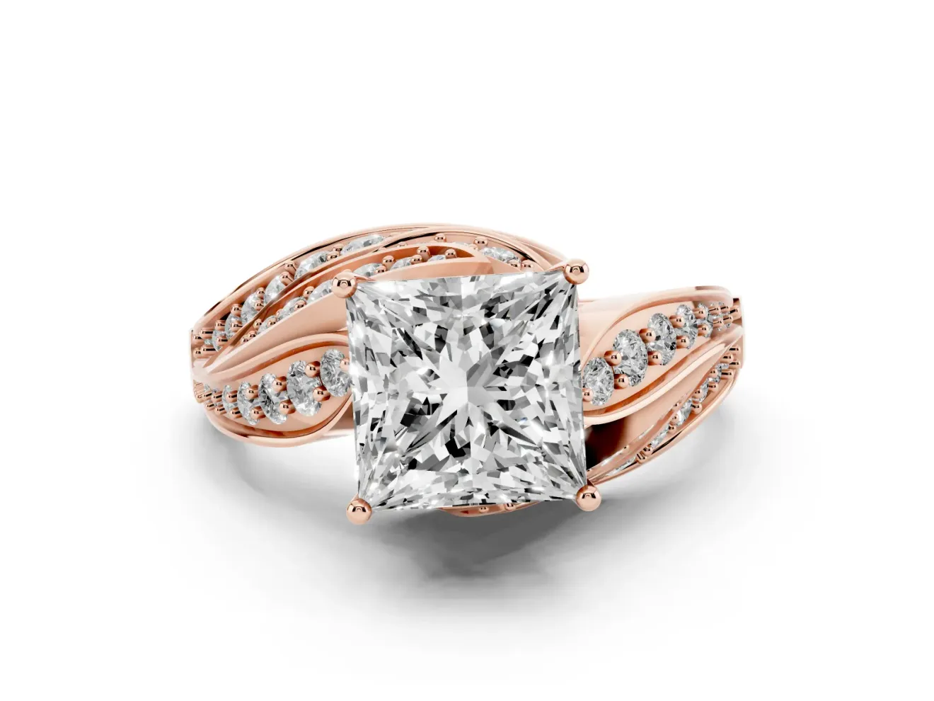 Princess Cut Bypass Hidden Halo Engagement Ring Setting | Graduated Pavé | Rose Gold