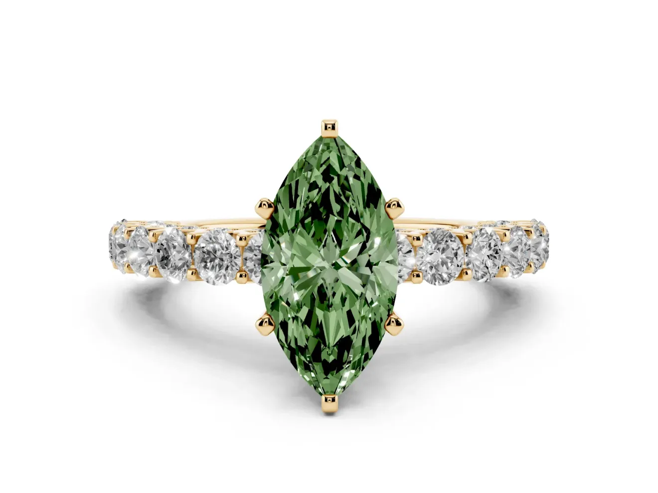Fancy Green Marquise Cut Diamond Solitaire Ring Set in Yellow gold with Shared Prong Pavé Band