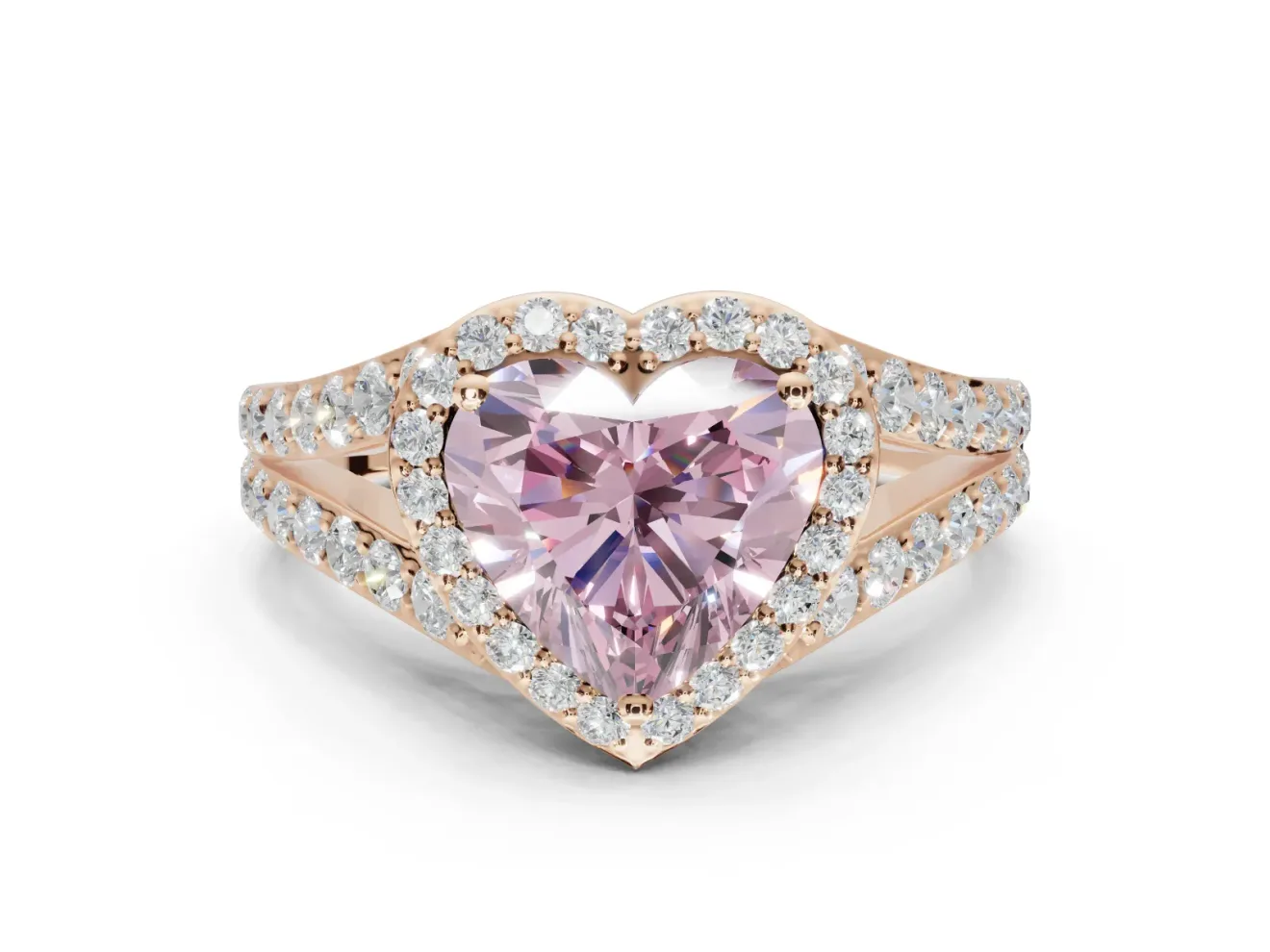 Heart-Shaped Halo Pavé Engagement Ring Setting for a Fancy Pink Lab-Grown Diamond | Narrow Split Shank | Rose Gold