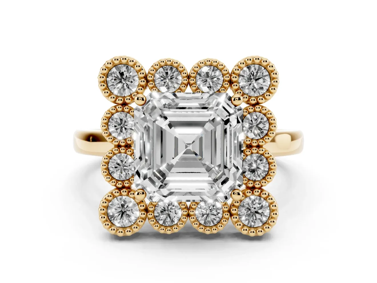 Asscher Cut Vintage Milgrain Bezel Cluster Halo Engagement Ring Setting | Plain Band | Yellow Gold