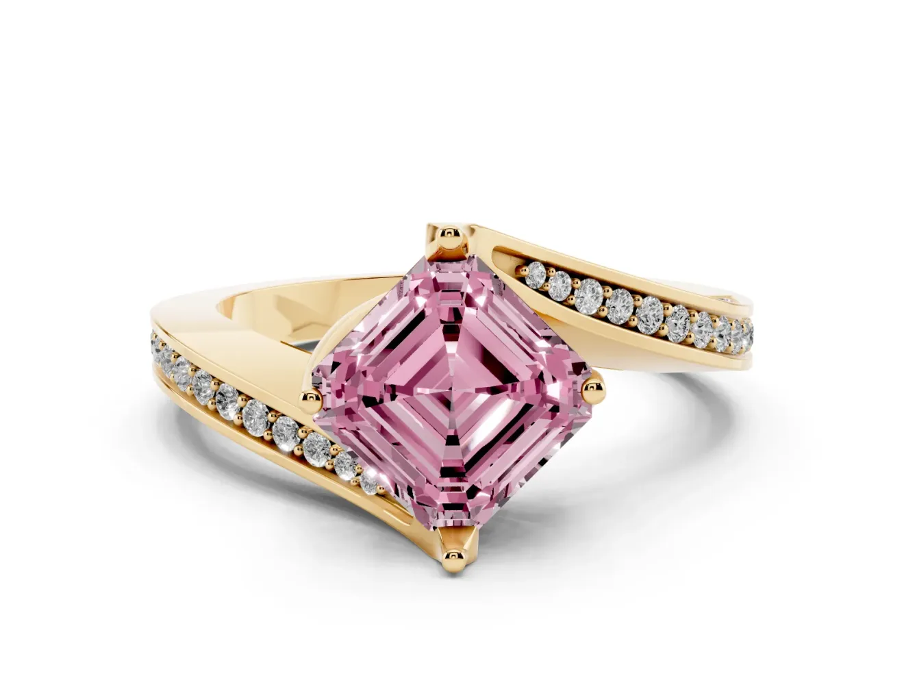 Fancy Pink Asscher Cut Diamond Solitaire Ring Set in Yellow gold with Intertwined Pavé Twist Band