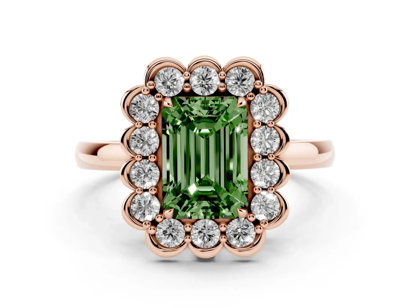 Emerald Cut Scalloped Cluster Halo Engagement Ring Setting for a Fancy Green Lab-Grown Diamond | Plain Band | Rose Gold