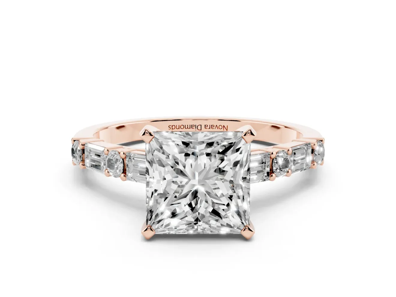 Princess Cut Diamond Solitaire Set in Rose gold with Side Baguettes and Channel Set Band