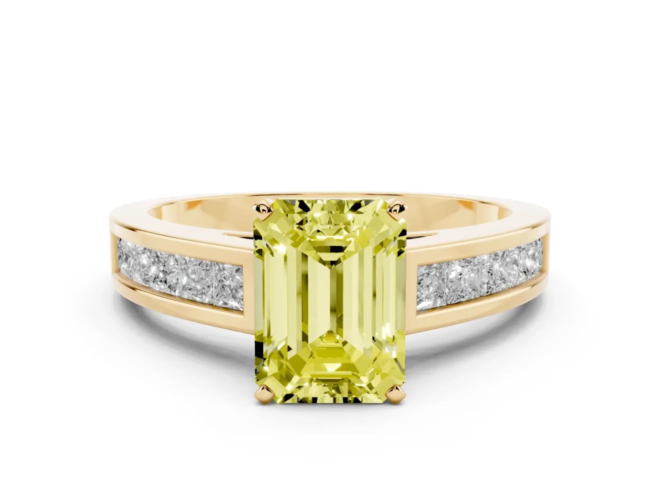 Emerald Cut Channel Engagement Ring Setting for a Fancy Yellow Lab-Grown Diamond | Yellow Gold