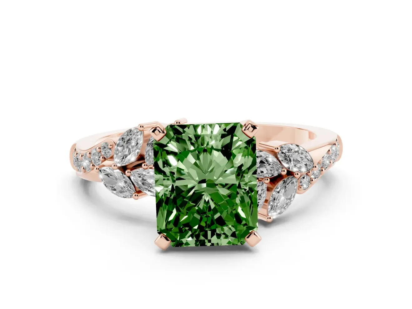 Radiant Cut Floral Engagement Ring Setting for a Fancy Green Lab-Grown Diamond | Marquise Side Stones | Rose Gold