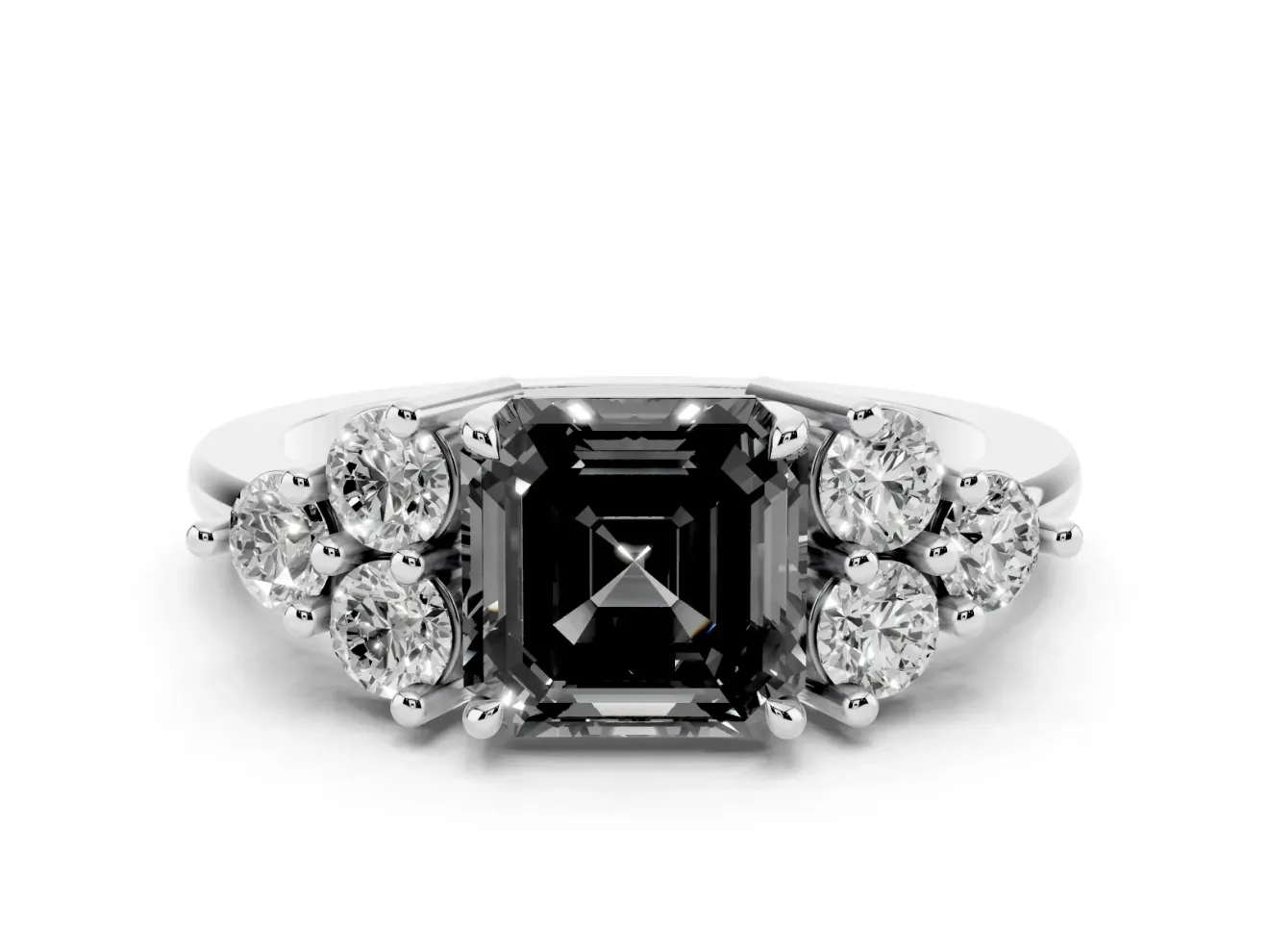 Fancy Black Asscher Cut Diamond Solitaire Ring Set in White gold with Cluster Accents on Each Side