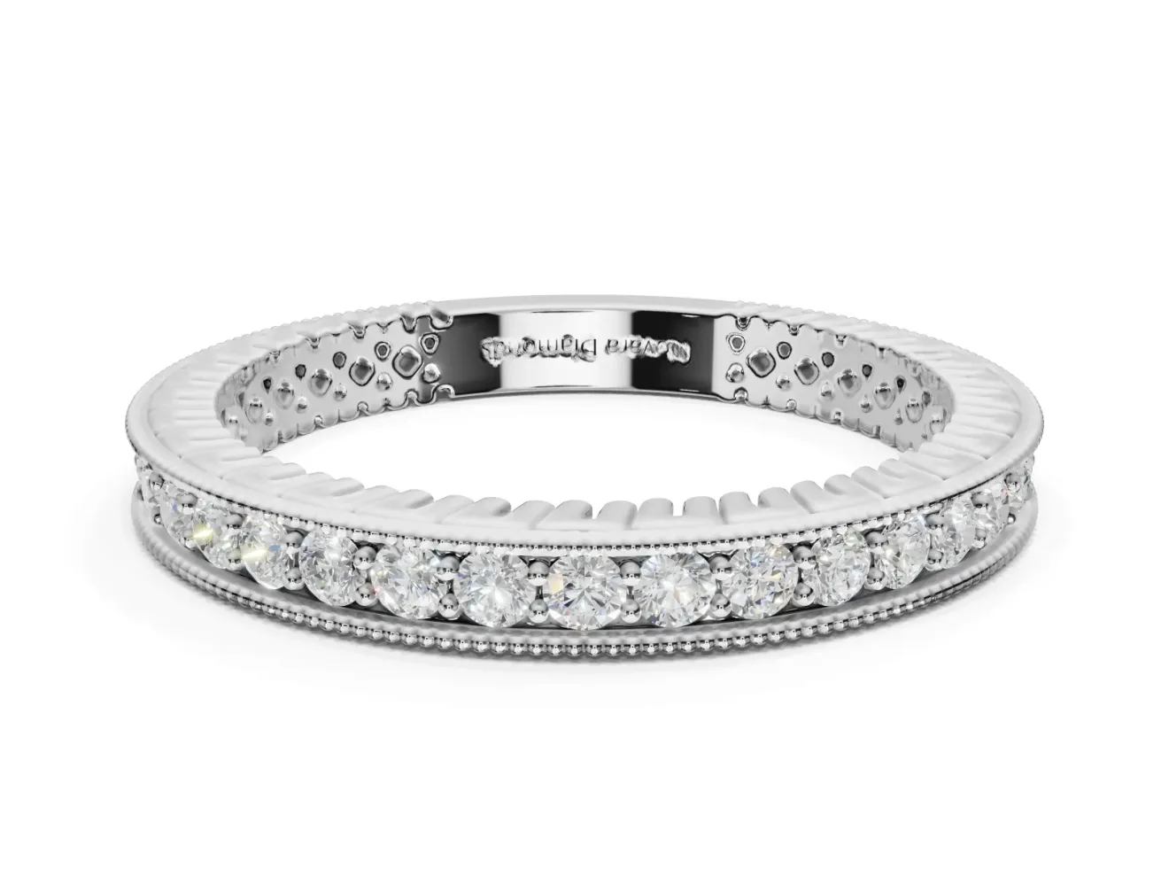 Round Lab-Grown Diamond Milgrain Channel Set Wedding Band | Fluted Gallery | Sterling Silver
