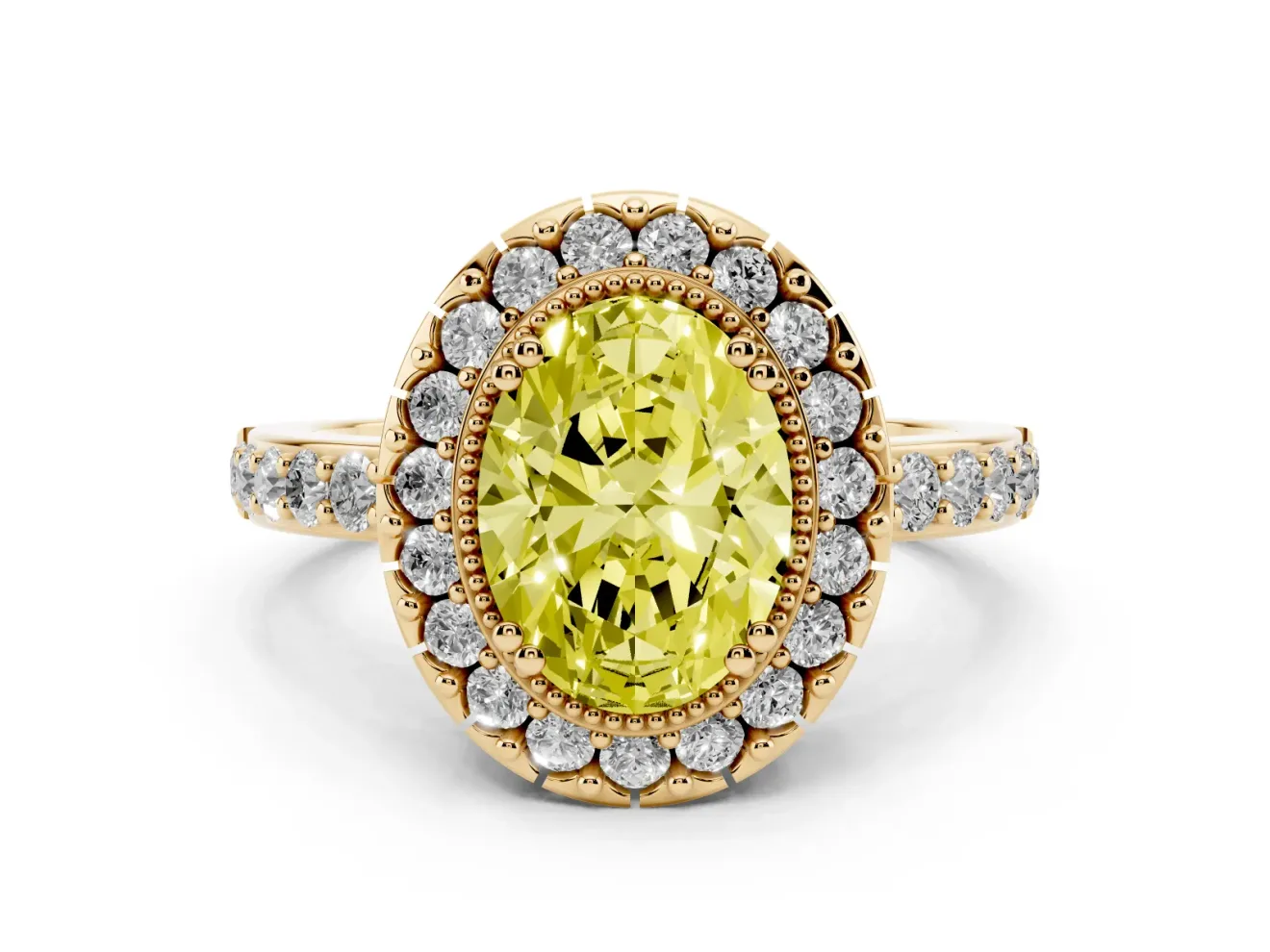 Fancy Yellow Oval Cut Diamond Halo Ring Set in Yellow gold with Pavé Shank and Prong Setting