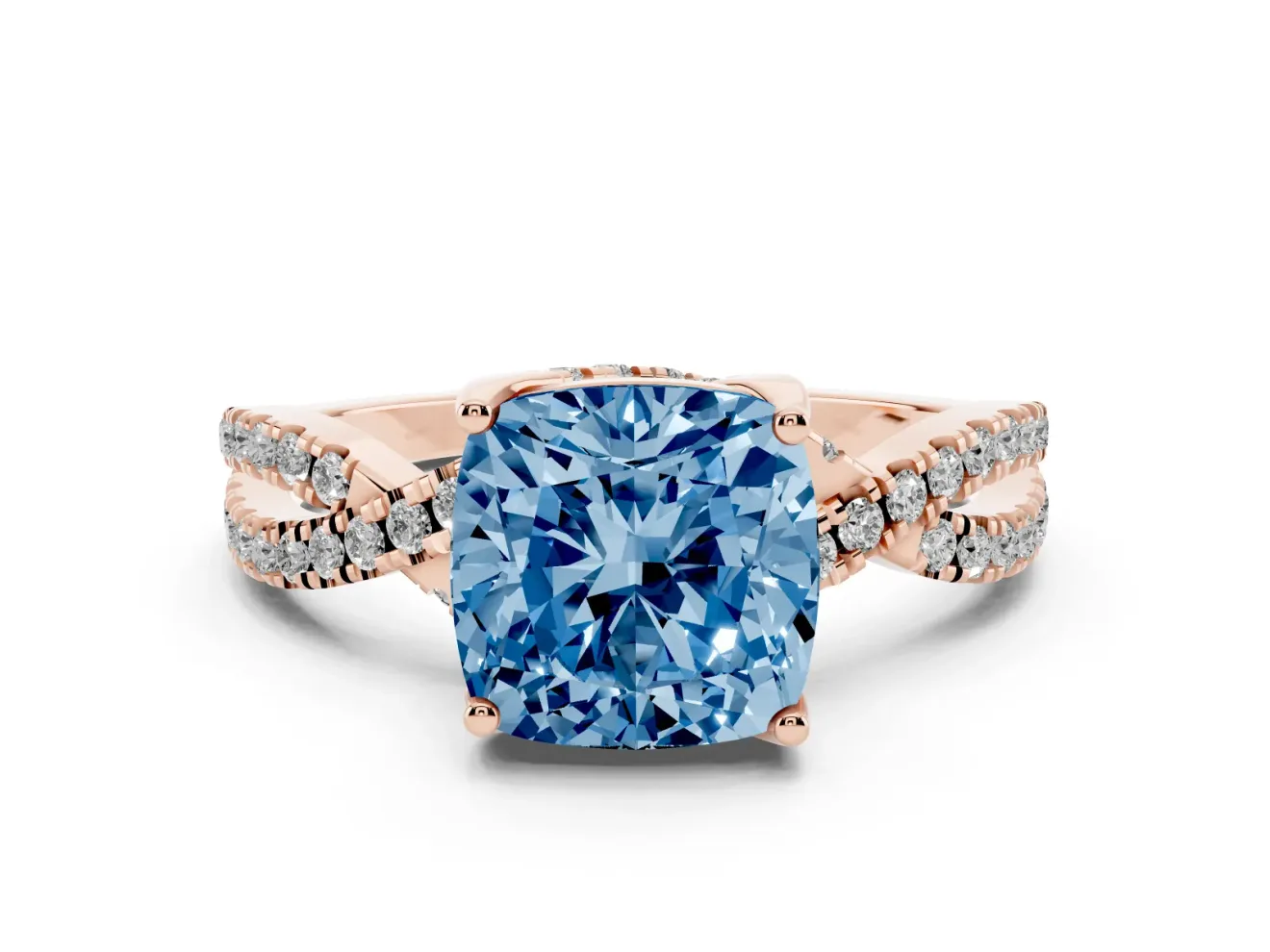 Cushion Cut Twisted Pave Engagement Ring Setting for a Fancy Blue Lab-Grown Diamond | Split Shank | Rose Gold