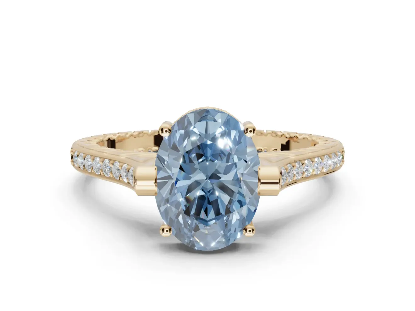 Oval Vintage Cathedral Engagement Ring Setting for a Fancy Blue Lab-Grown Diamond | Carved Band | Yellow Gold