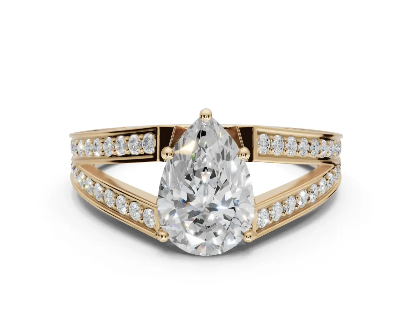 Pear-Shaped Split Shank Pavé Engagement Ring Setting | Engraved Leaf Sides | Yellow Gold