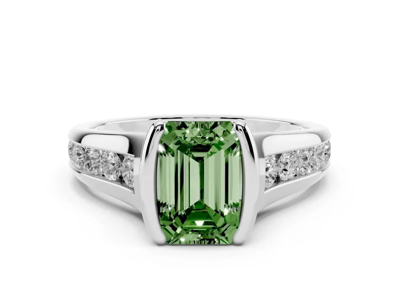 Emerald Cut Half Bezel Engagement Ring Setting for a Fancy Green Lab-Grown Diamond | Platinum