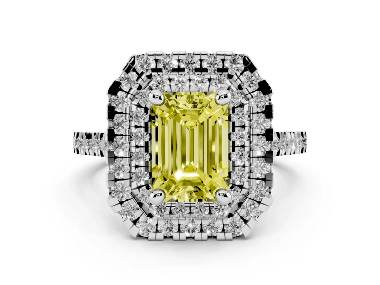 Fancy Yellow Emerald Cut Diamond Double Halo Statement Ring Set in Silver with Pavé Band