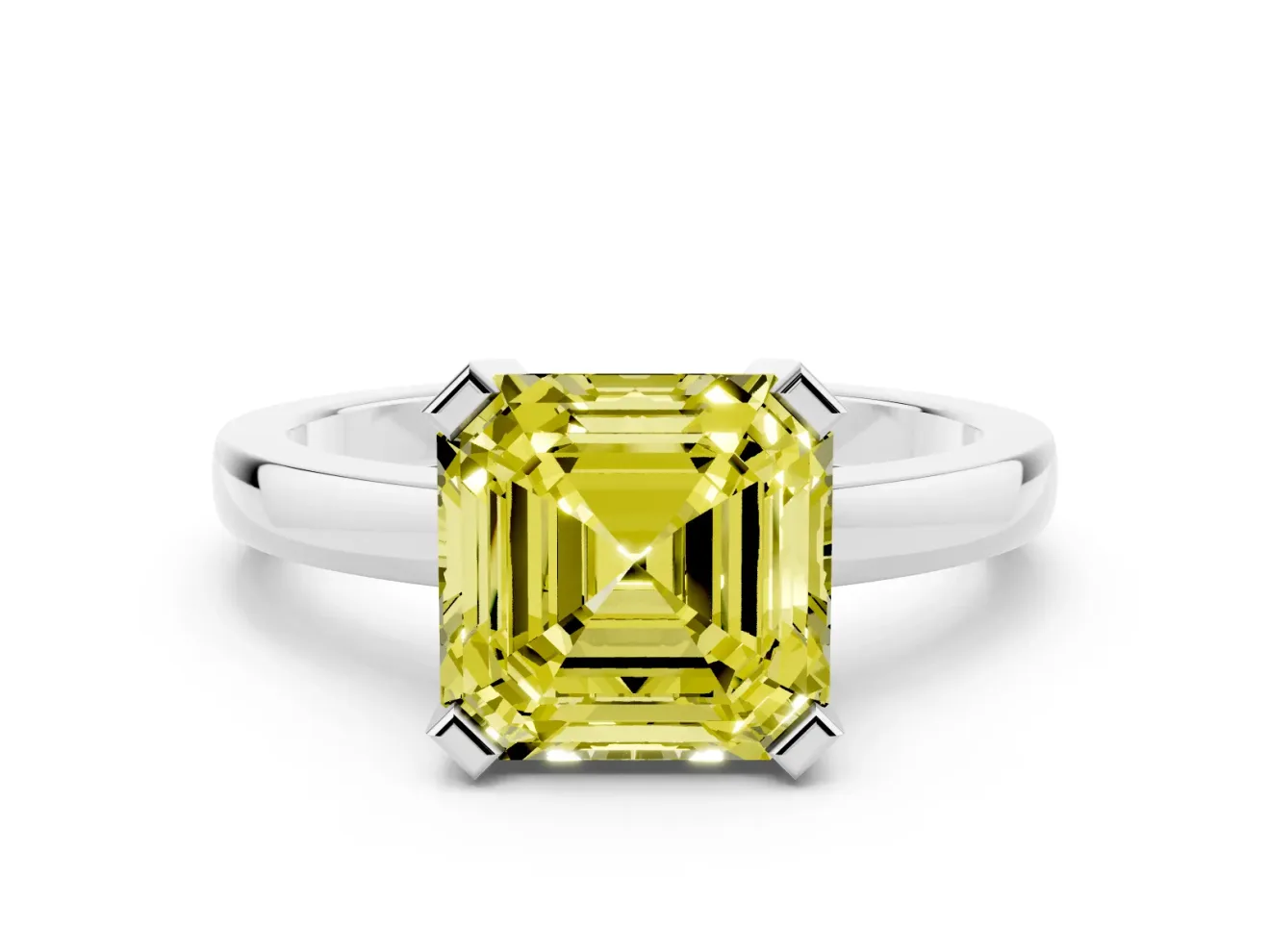 Fancy Yellow Asscher Cut Diamond Solitaire Ring Set in Platinum with Prong Head and Smooth Polished Band