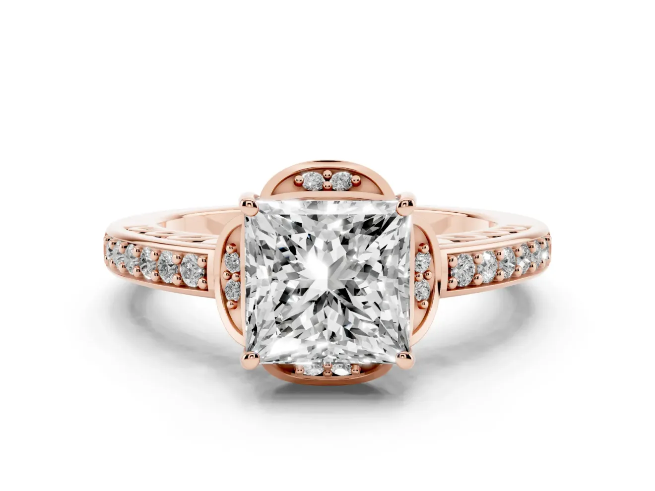 Princess Cut Floral Pavé Engagement Ring Setting | Petal Accents | Rose Gold