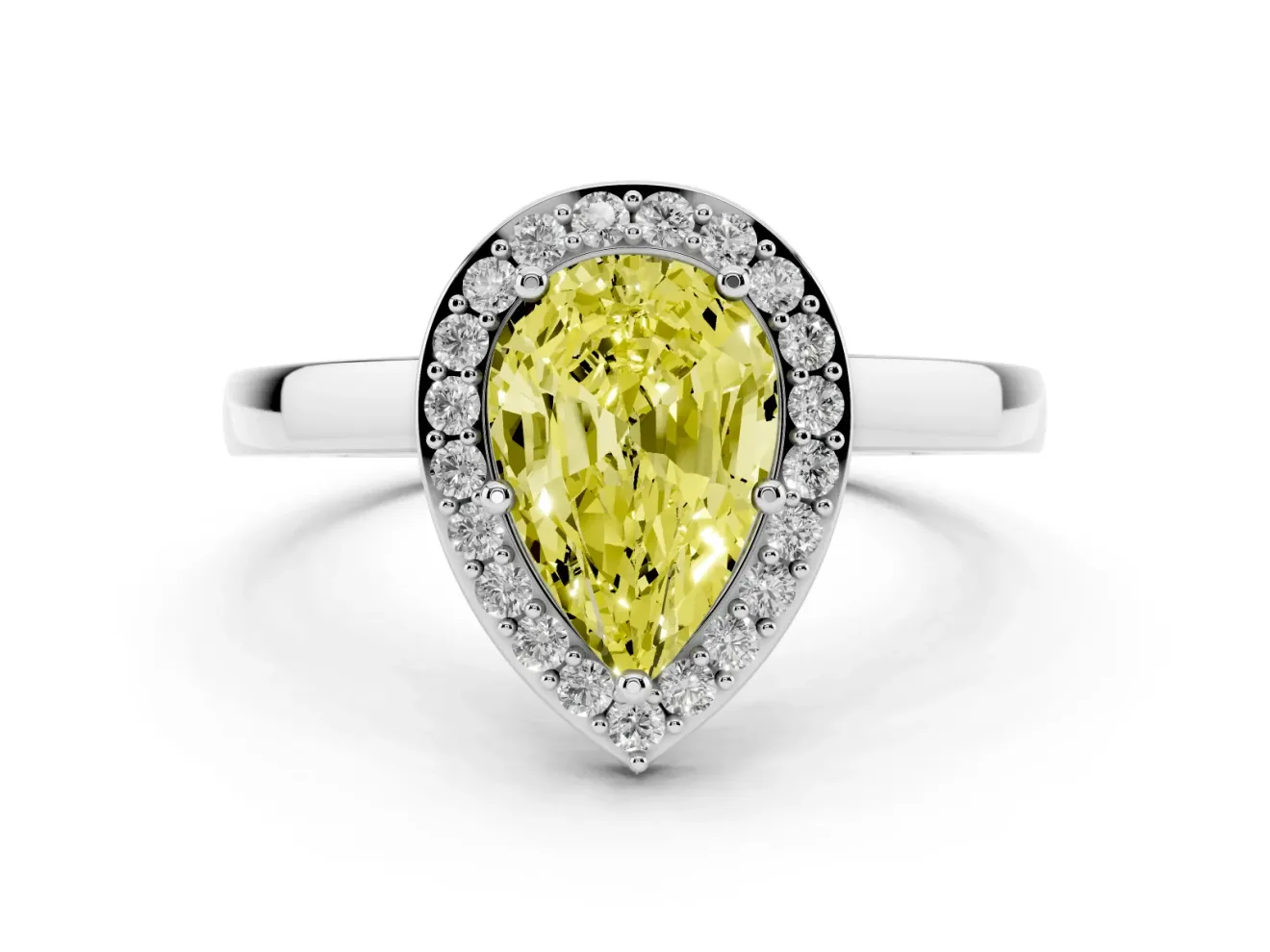 Fancy Yellow Pear Cut Diamond Halo Ring Set in White gold with Solitaire Band and Prong Setting