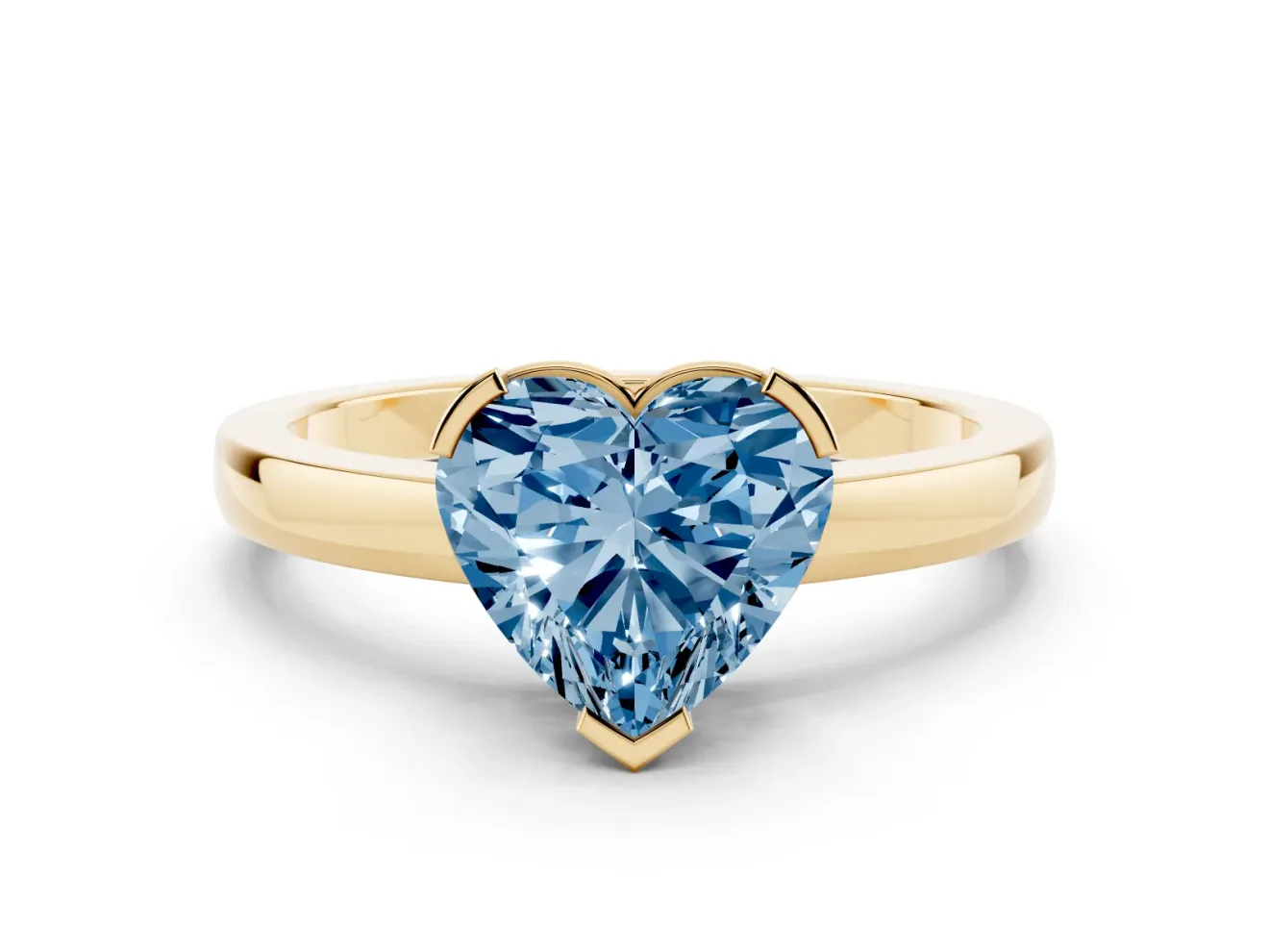 Fancy Blue Heart Cut Diamond Solitaire Ring Set in Yellow gold with Prong Head and Smooth Polished Band