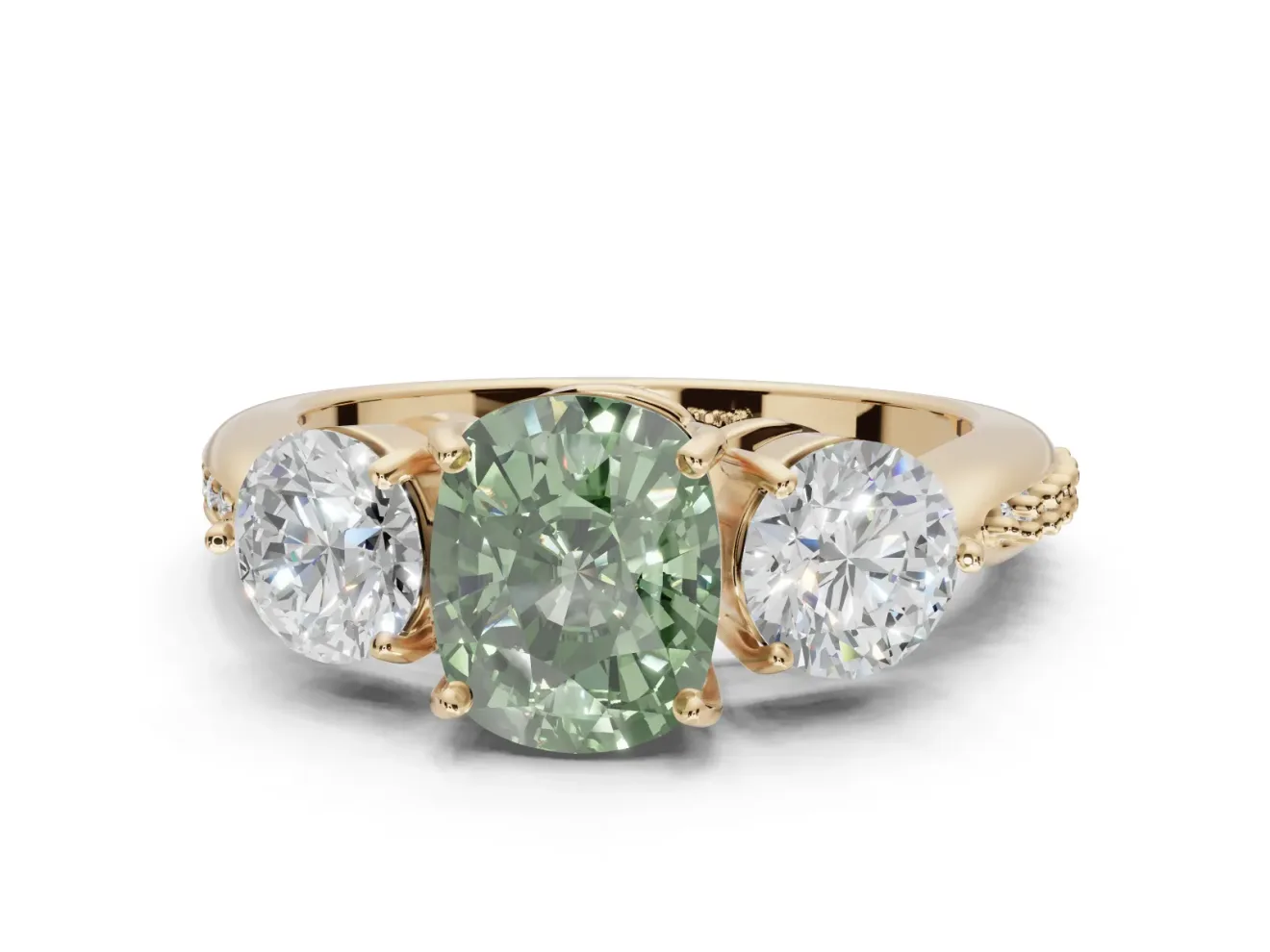 Cushion Cut Three Stone Engagement Ring Setting for a Fancy Green Lab-Grown Diamond | Tapered Pave Band | Yellow Gold