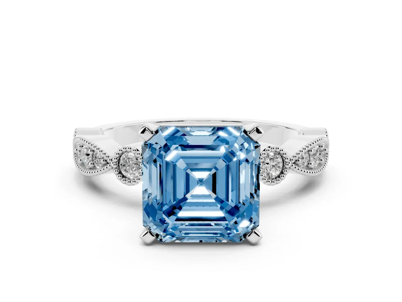 Fancy Blue Asscher Cut Diamond Solitaire Engagement Ring Set in White gold with Milgrain Bezel Accent Band
