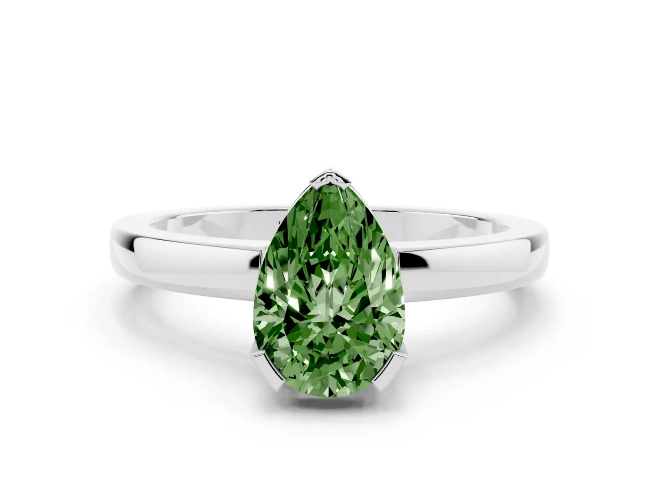Fancy Green Pear Cut Diamond Solitaire Ring Set in Silver with Prong Head and Smooth Polished Band