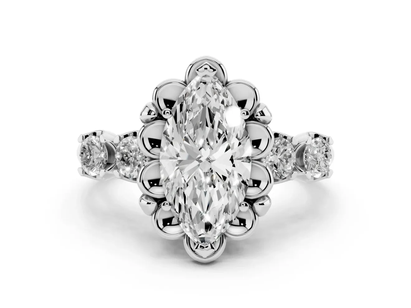 Marquise Floral Engagement Ring Setting | Petal Frame and Side Stones | Platinum