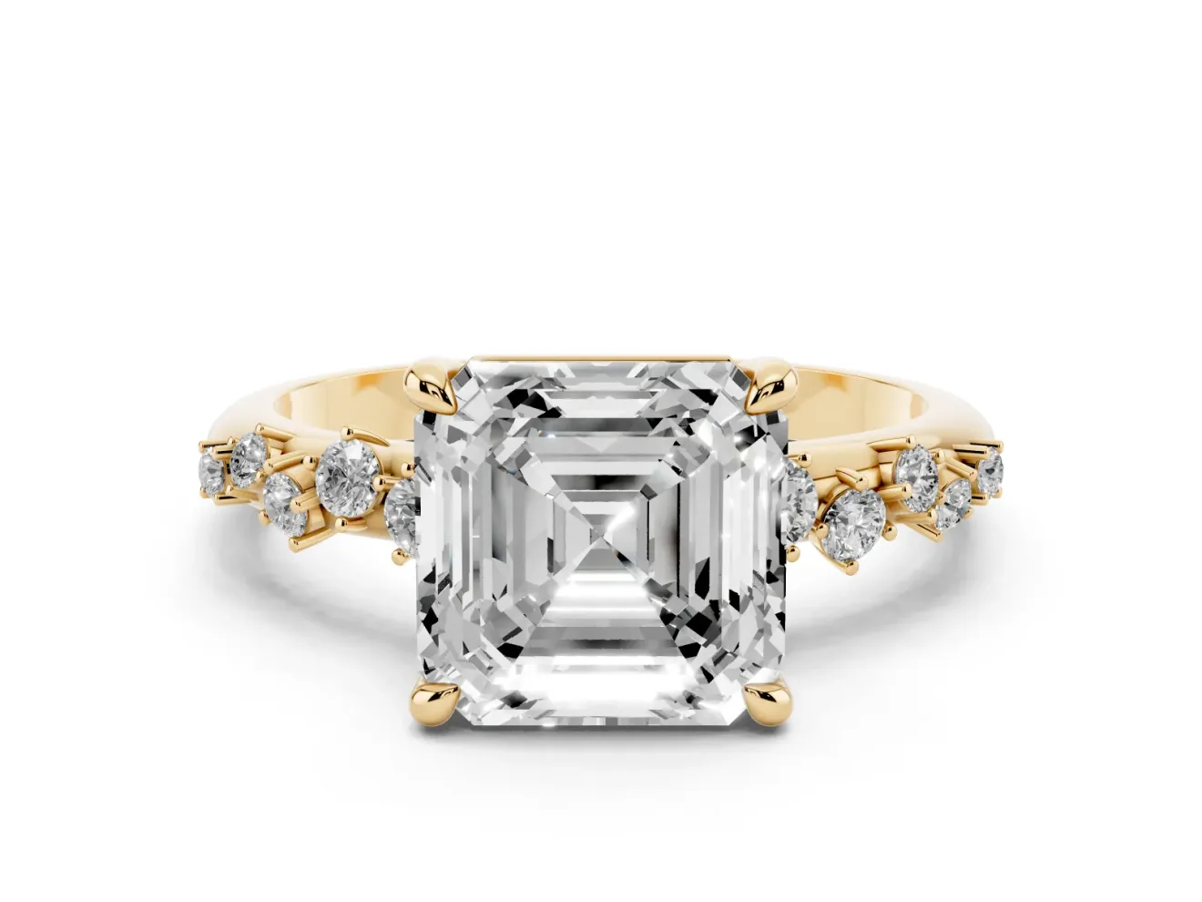 Asscher Cut Graduated Accent Engagement Ring Setting | Scattered Shoulders | Yellow Gold