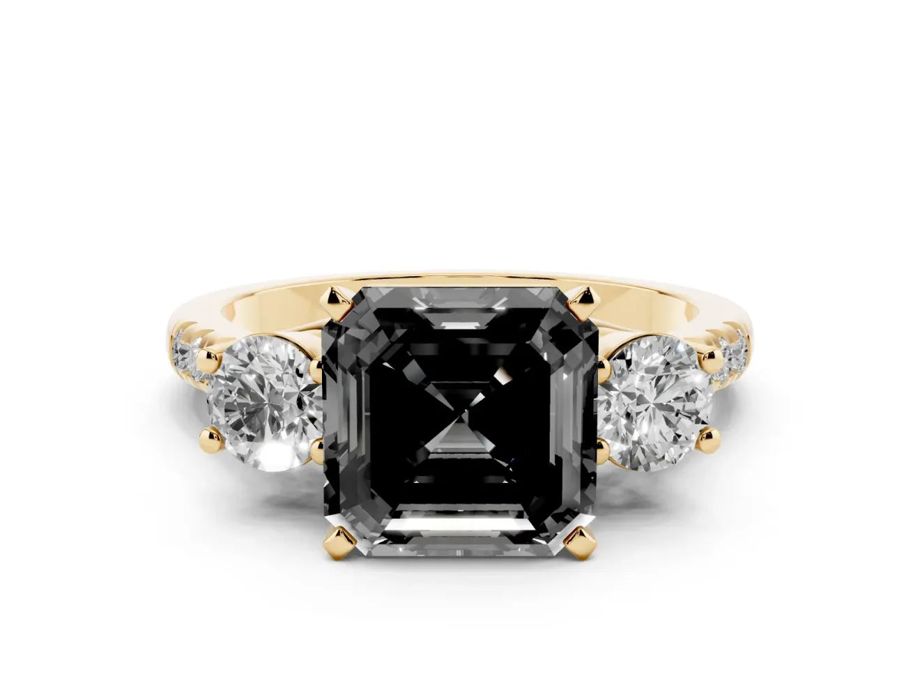 Fancy Black Three-Stone Asscher Cut Diamond Pavé Band Ring Set in Yellow gold with Prong-Set Trio