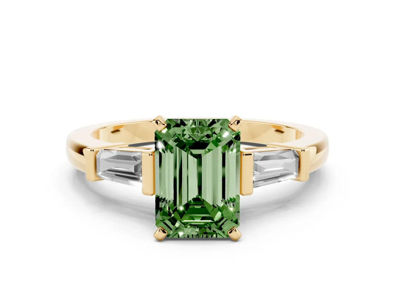 Emerald Cut Three-Stone Engagement Ring Setting for a Fancy Green Lab-Grown Diamond | Tapered Baguettes | Yellow Gold