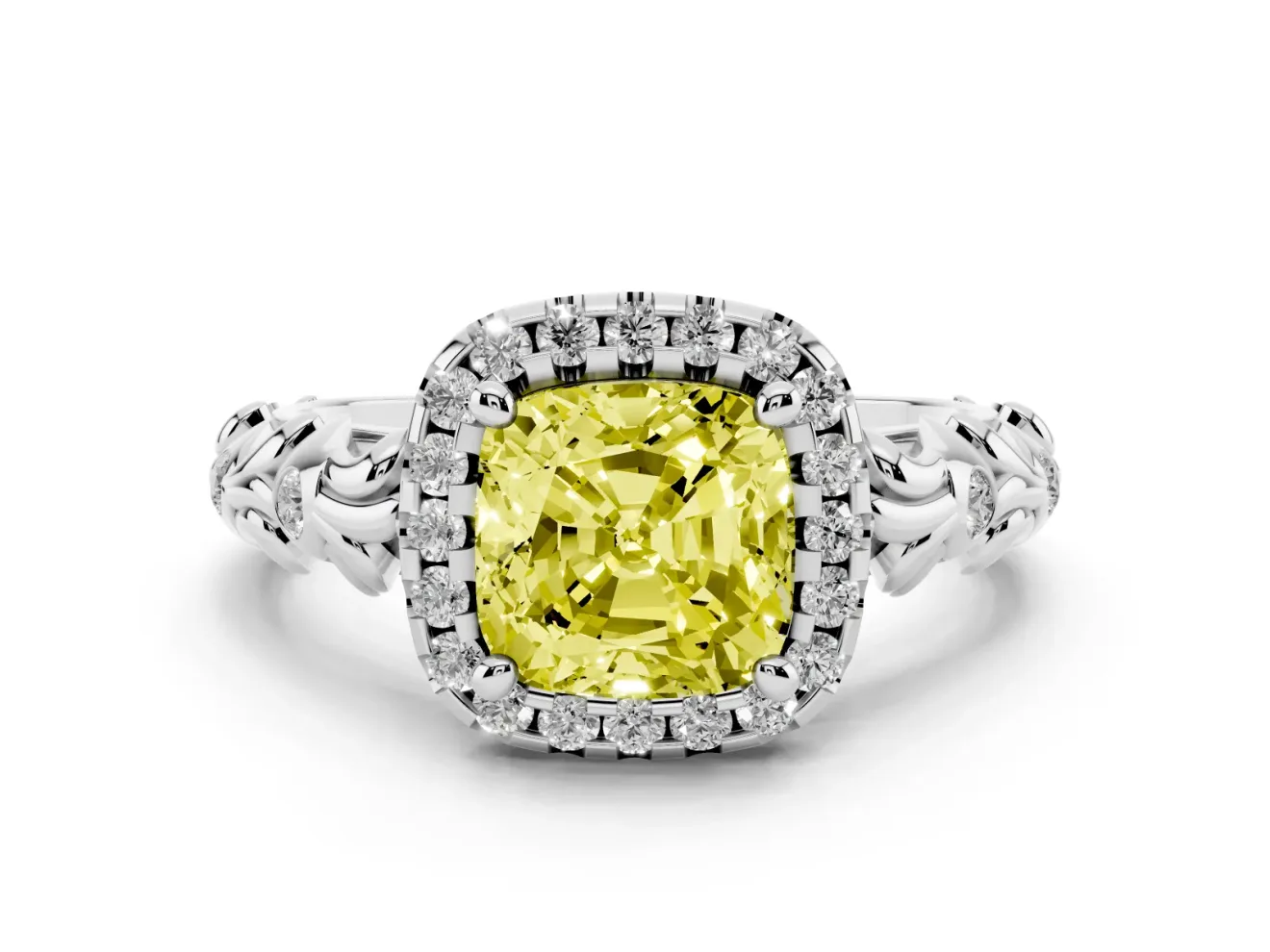 Cushion Cut Leaf Halo Engagement Ring Setting for a Fancy Yellow Lab-Grown Diamond | Bezel Accents | Platinum
