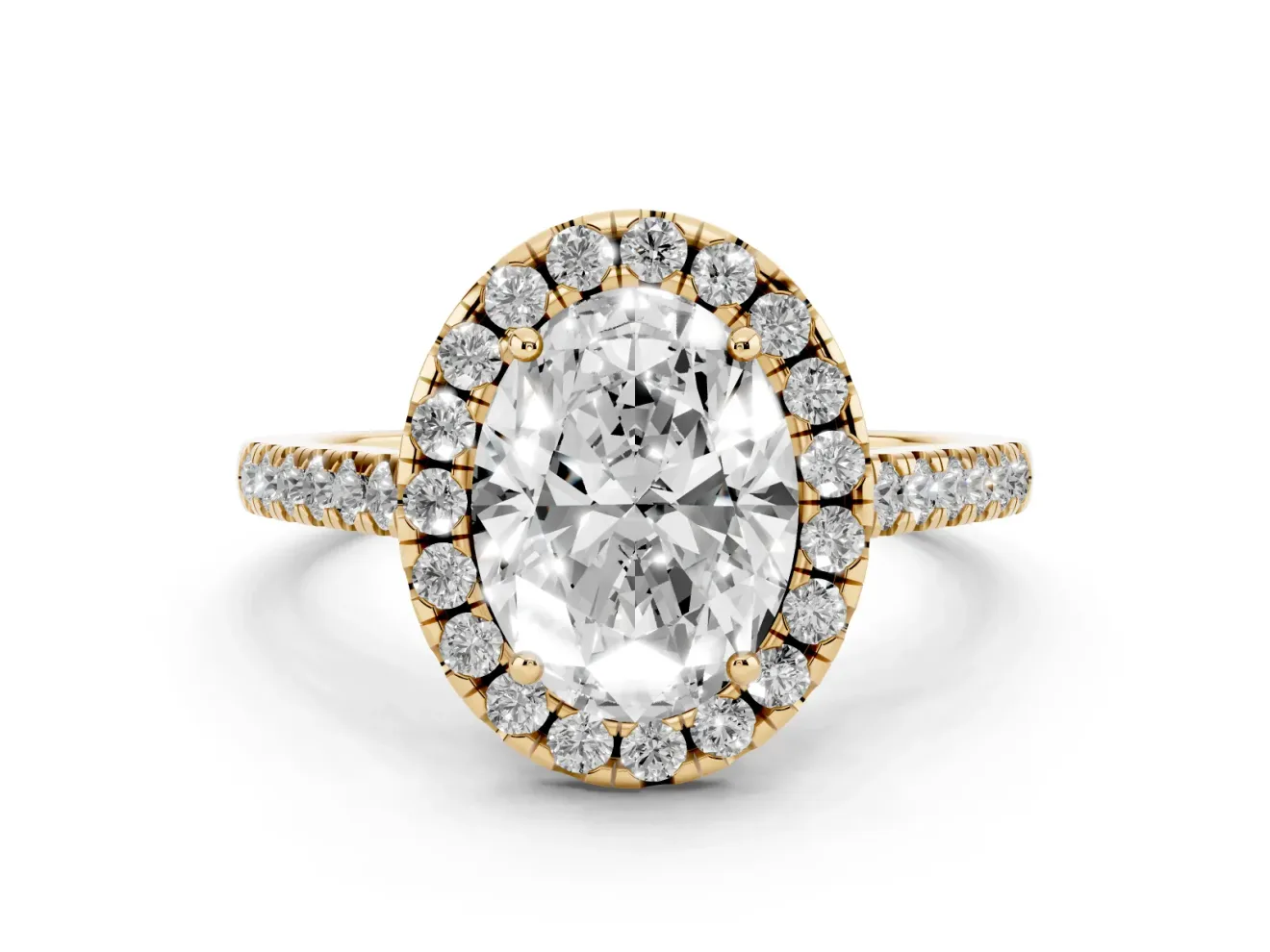 Oval Raised Halo Engagement Ring Setting | Pave Band | Yellow Gold
