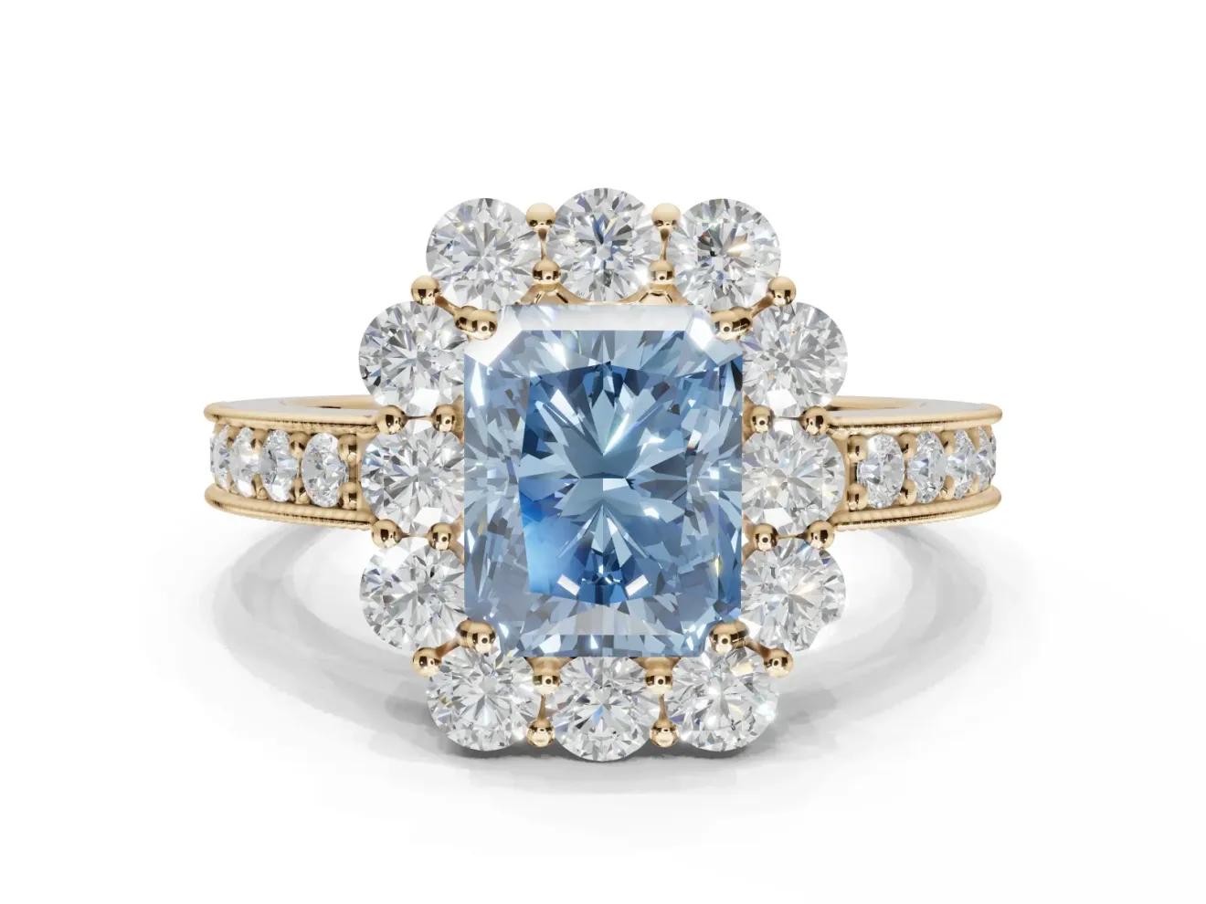 Radiant Cut Halo Engagement Ring Setting for a Fancy Blue Lab-Grown Diamond | Yellow Gold - Design NV-24711
