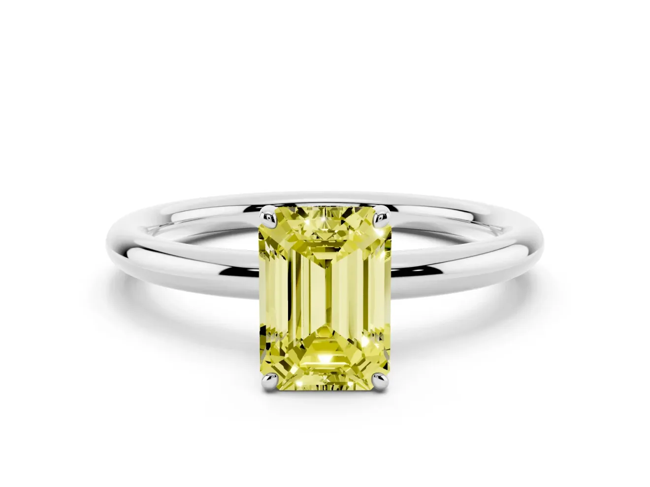 Fancy Yellow Emerald Cut Diamond Solitaire Ring Set in Silver with Prong Setting on a Polished Plain Band