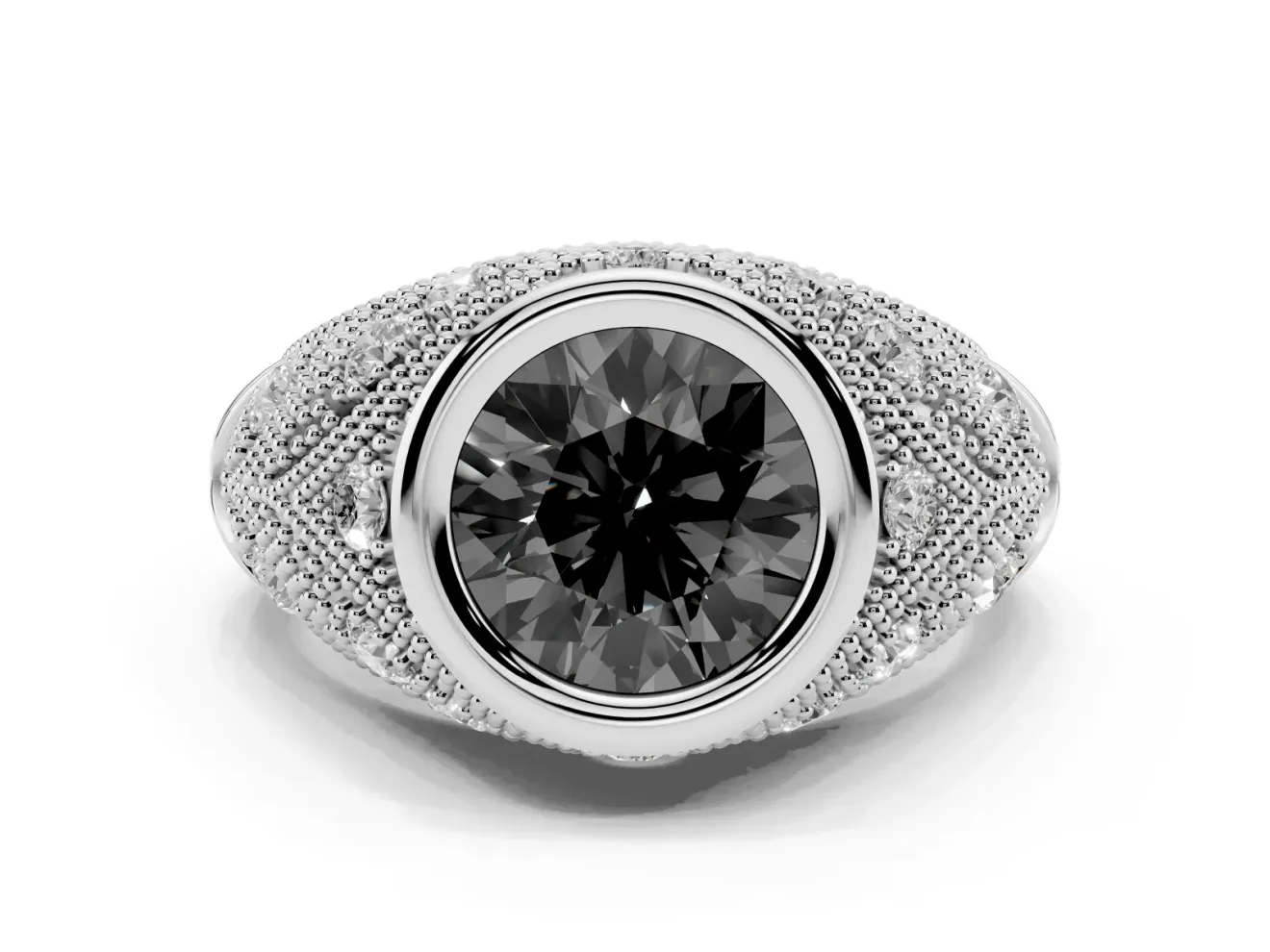 Round Vintage Bezel Engagement Ring Setting for a Black Center | Beaded Paisley Shoulders | Platinum