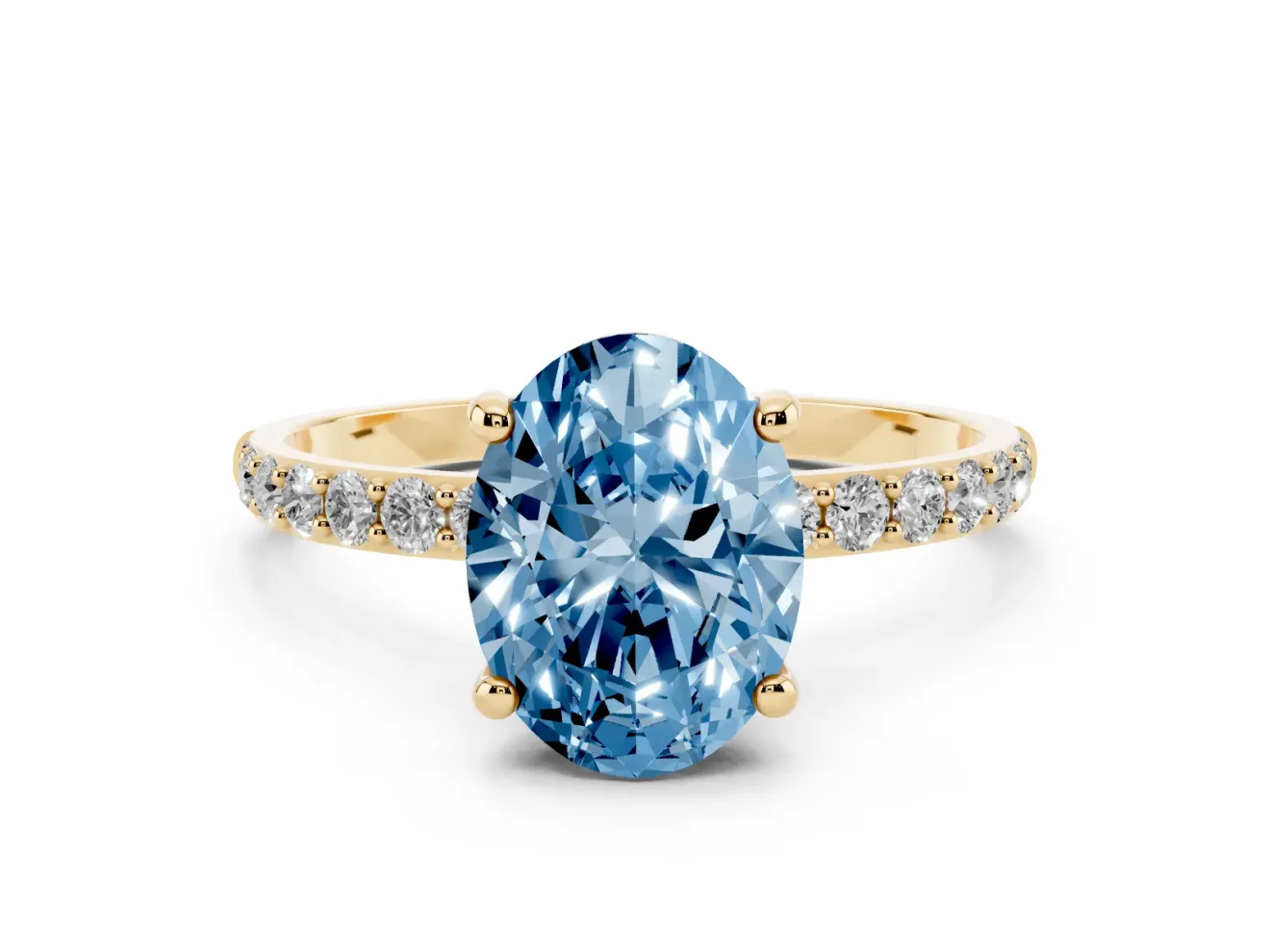 Fancy Blue Oval Cut Diamond Solitaire Ring Set in Yellow gold with Round Pavé Band and Prong Setting