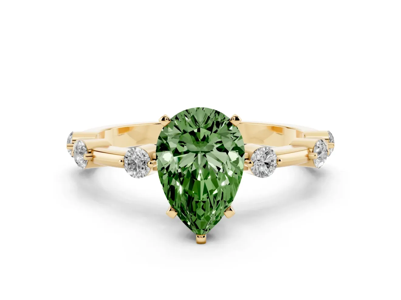 Fancy Green Pear Cut Diamond Solitaire Ring Set in Yellow gold with Bezel Set Side Stones and Prong Setting