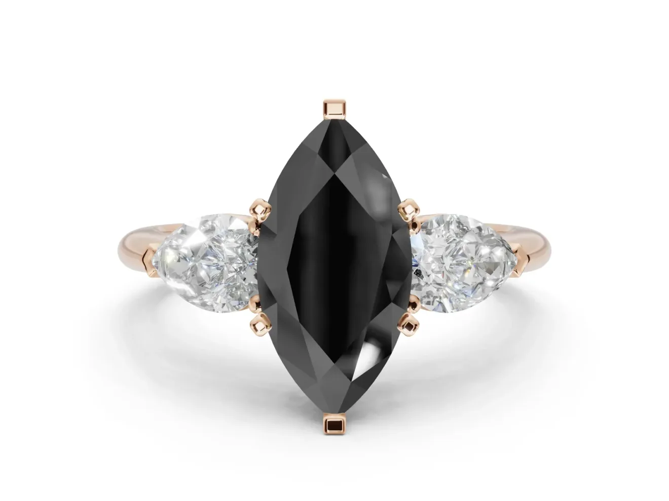 Marquise Three-Stone Engagement Ring Setting for a Black Center | Pear Side Stones | Rose Gold