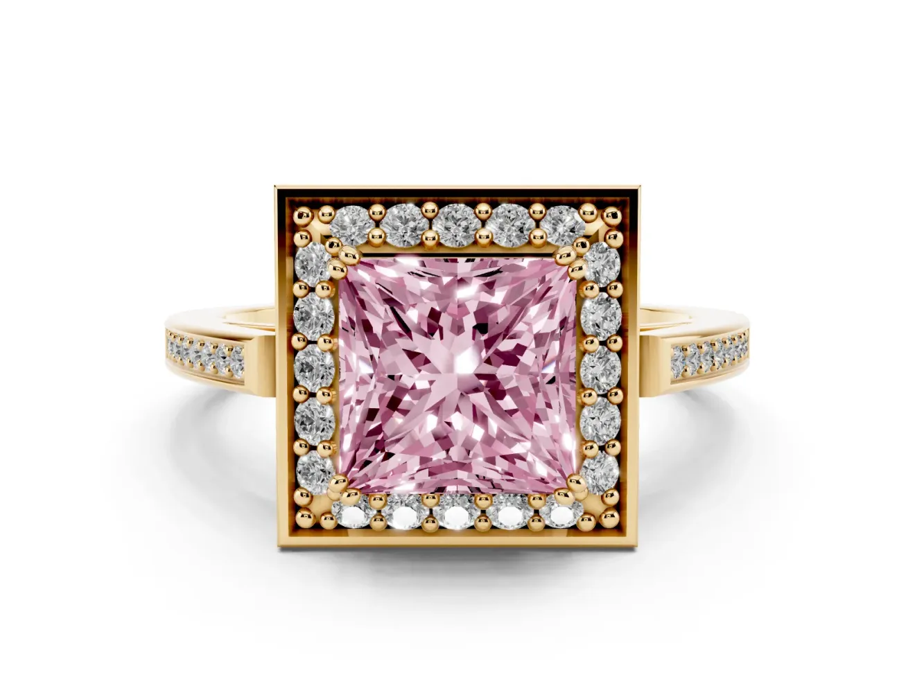 Princess Cut Halo Engagement Ring Setting for a Fancy Pink Lab-Grown Diamond | Polished Halo Rim | Yellow Gold