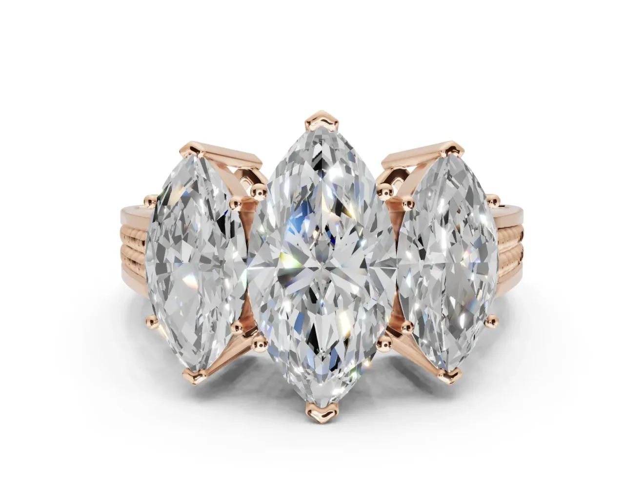 Marquise Three Stone Engagement Ring Setting | Beaded Shoulders | Rose Gold