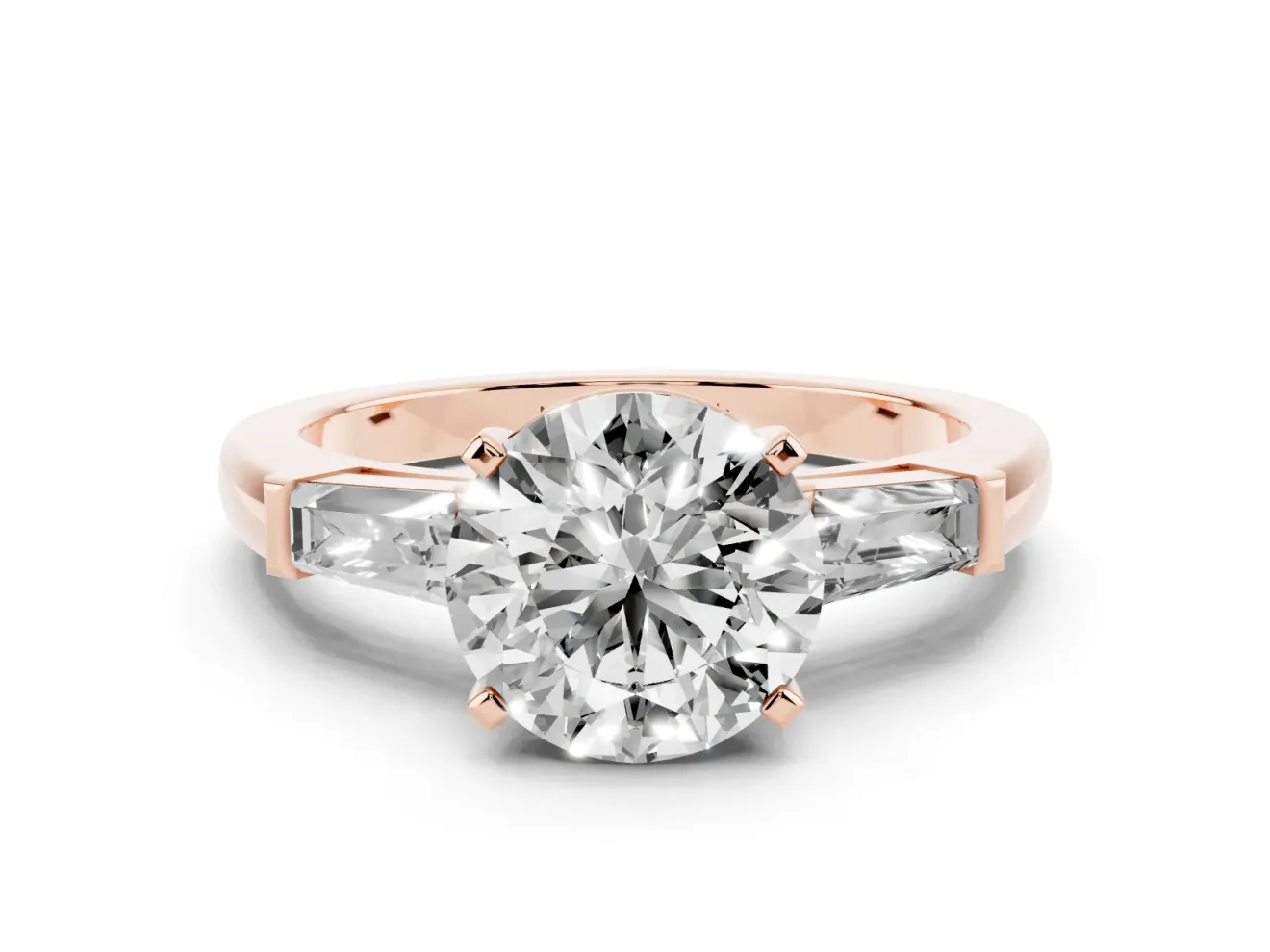 Round Three Stone Engagement Ring Setting | Tapered Baguettes | Rose Gold
