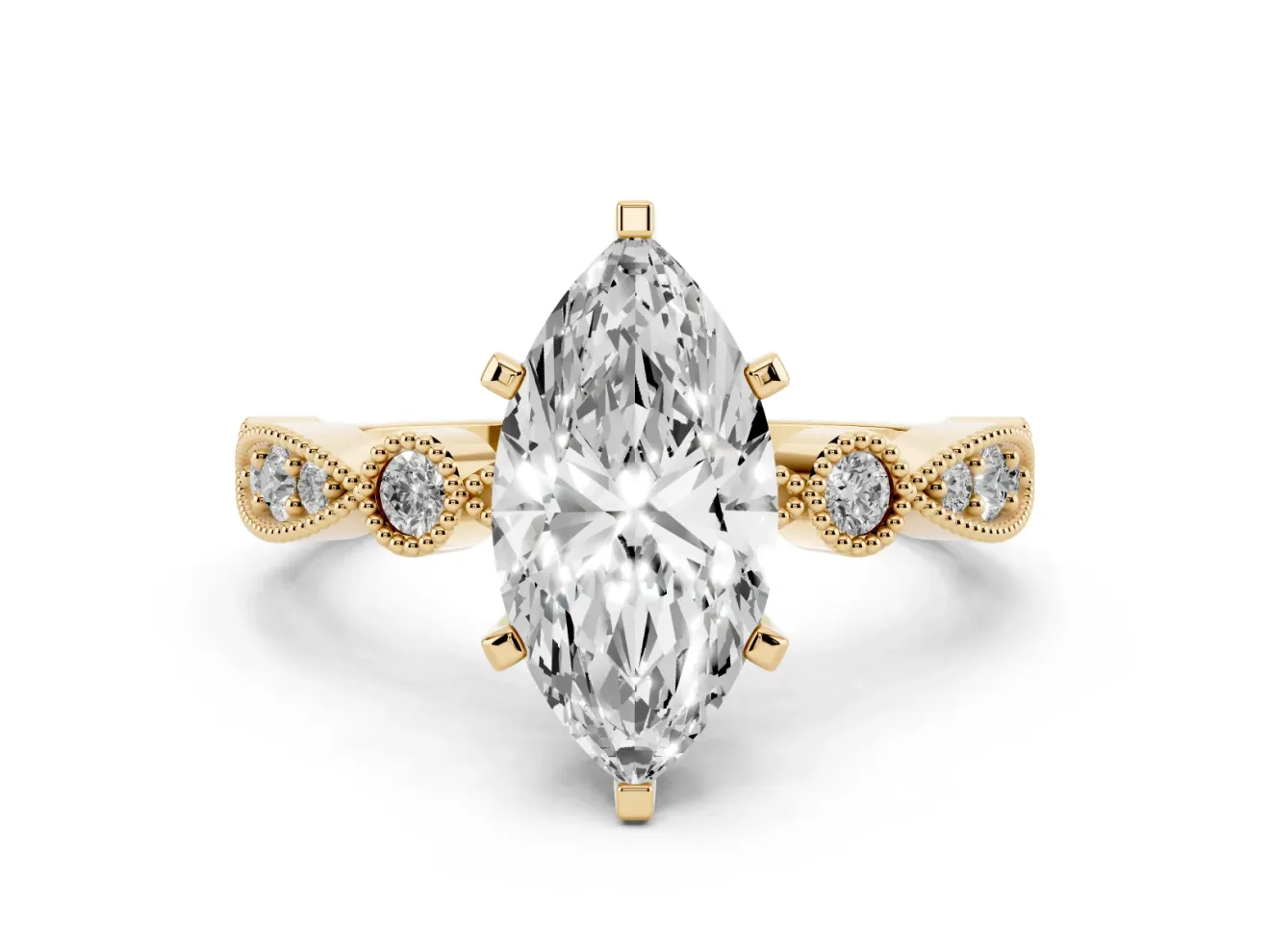 Marquise Cut Diamond Solitaire Engagement Ring Set in Yellow gold with Milgrain Bezel Accent Band