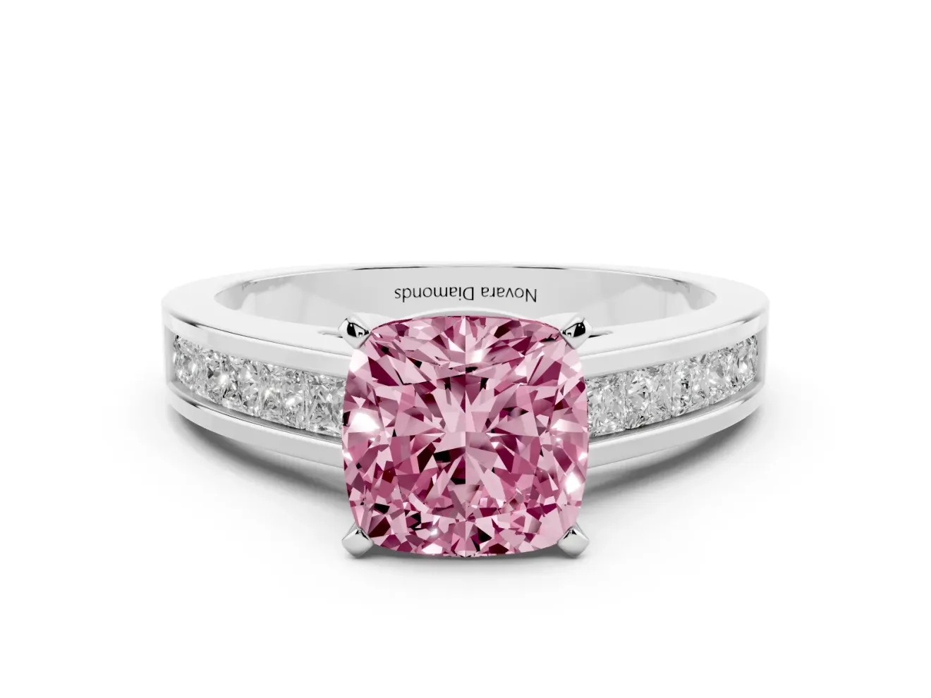 Fancy Pink Cushion Cut Diamond Solitaire Ring Set in Silver with Channel-Set Band and Prong Setting