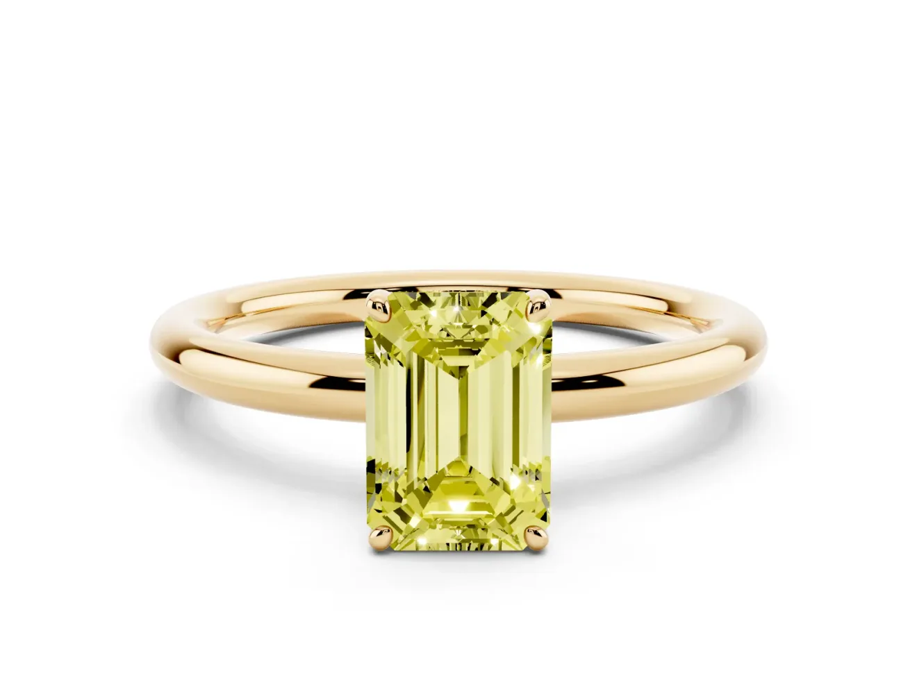 Fancy Yellow Emerald Cut Diamond Solitaire Ring Set in Yellow gold with Prong Setting on a Polished Plain Band