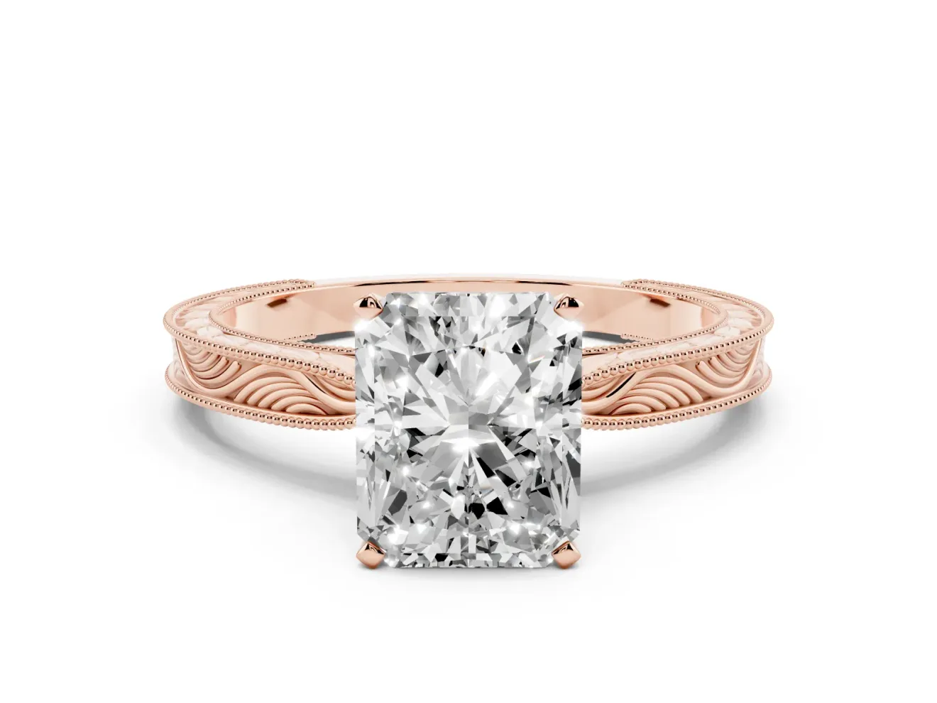 Radiant Cut Engraved Solitaire Engagement Ring Setting | Milgrain Edges | Rose Gold