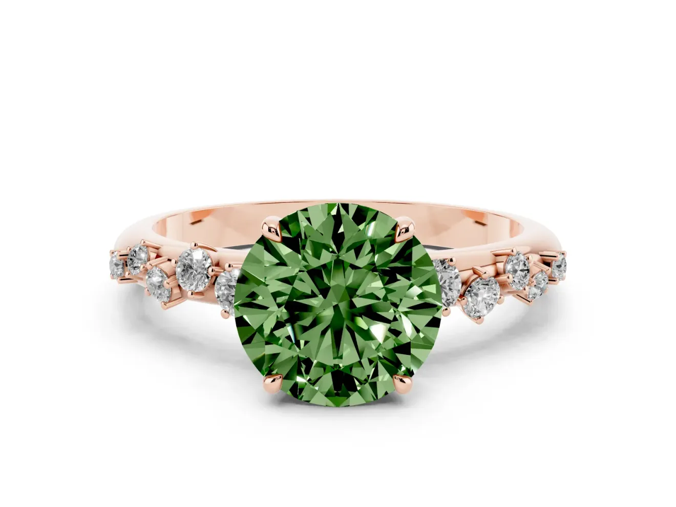 Fancy Green Round Cut Diamond Cluster Solitaire Ring Set in Rose gold with Prong Setting