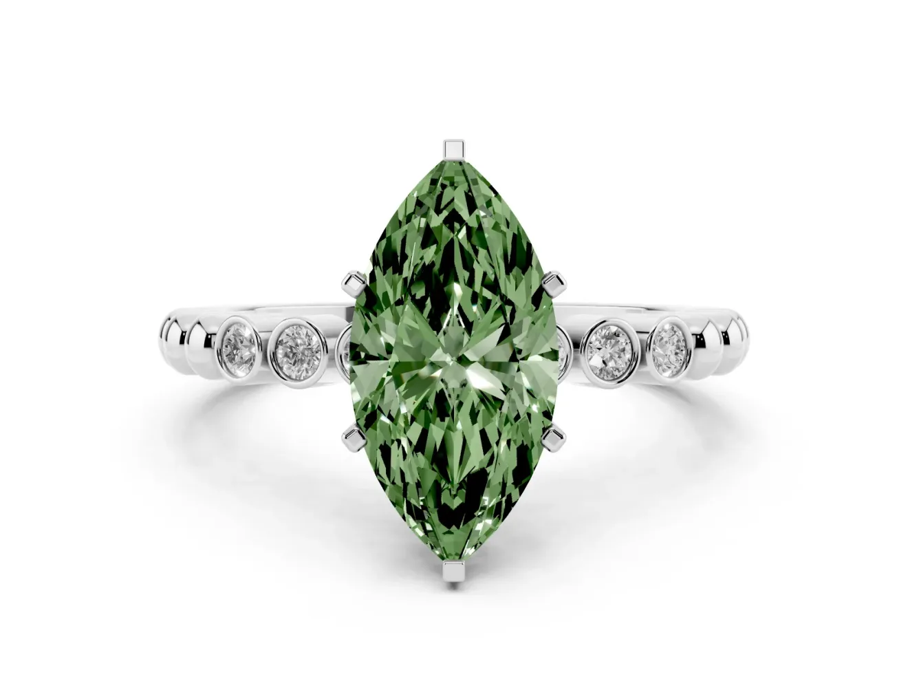 Fancy Green Marquise Cut Diamond Solitaire Engagement Ring Set in Silver with Bezel Accents on Beaded Band
