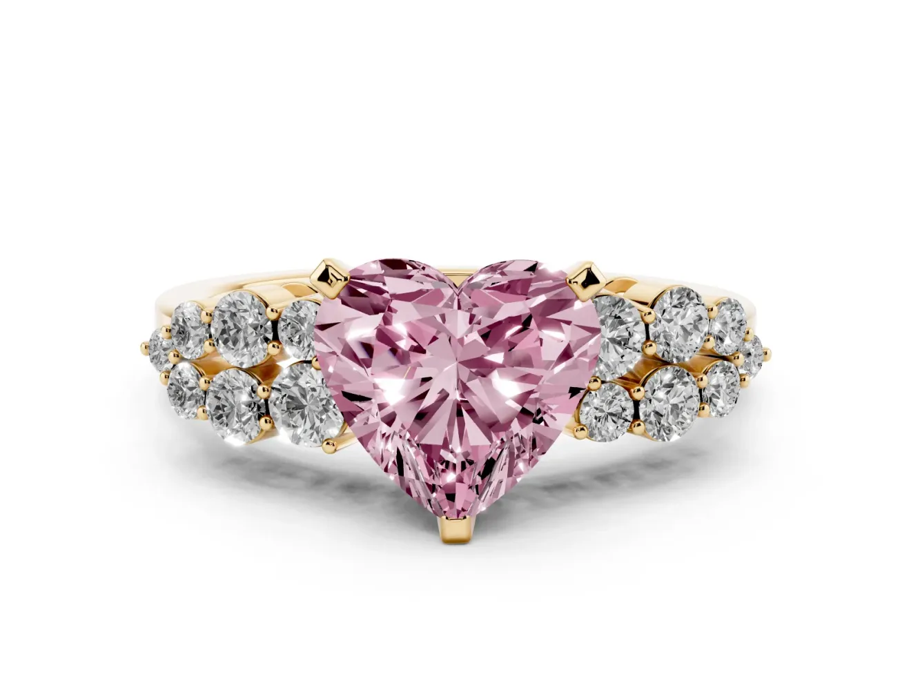 Fancy Pink Heart Cut Diamond Cluster Engagement Ring Set in Yellow gold with Pavé Band and Prong Setting
